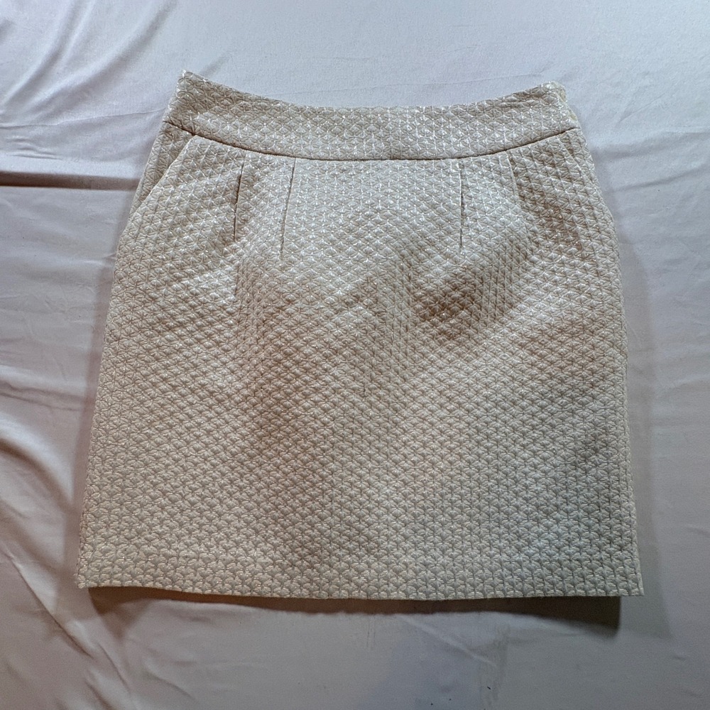 Rebecca Moses Jacquard Mini Skirt Womens 8 Champagne Gold Metallic Lurex A-Line